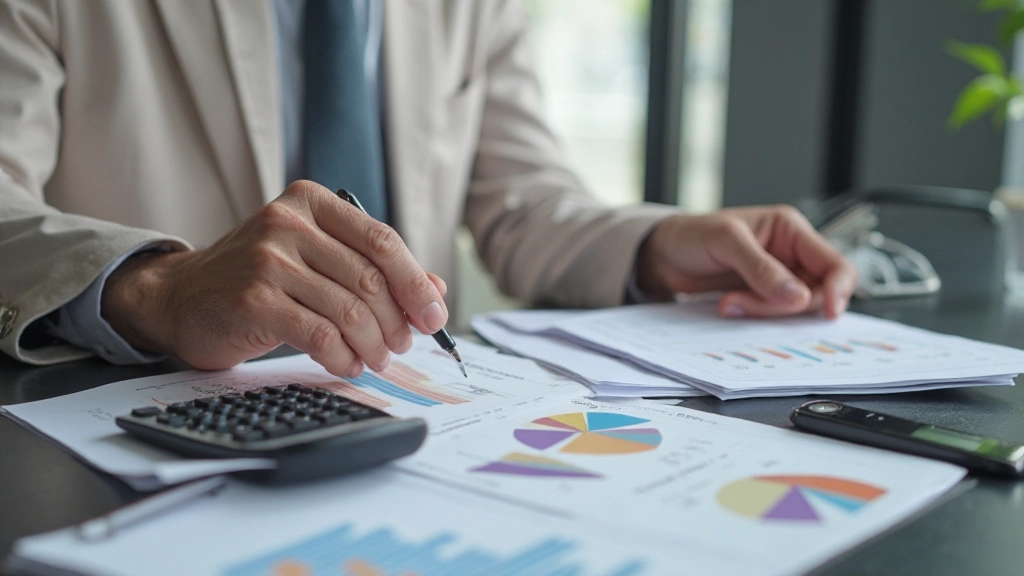 Таблица с анализом семейного бюджета, калькулятор и финансовые графики на столе