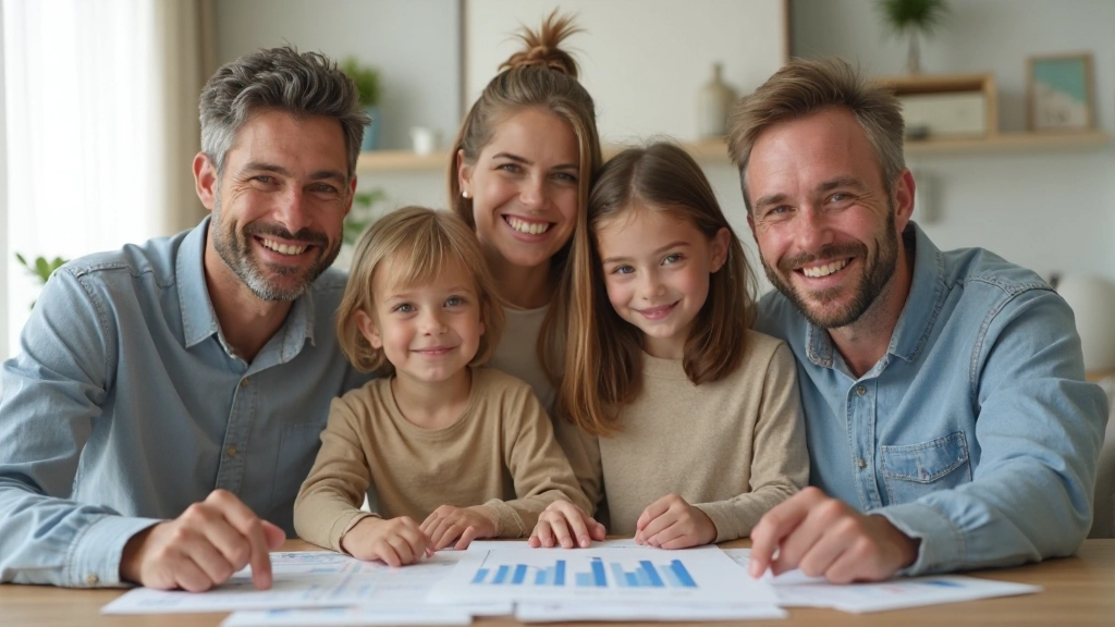 Счастливая семья планирует совместное финансовое будущее с графиками роста инвестиций