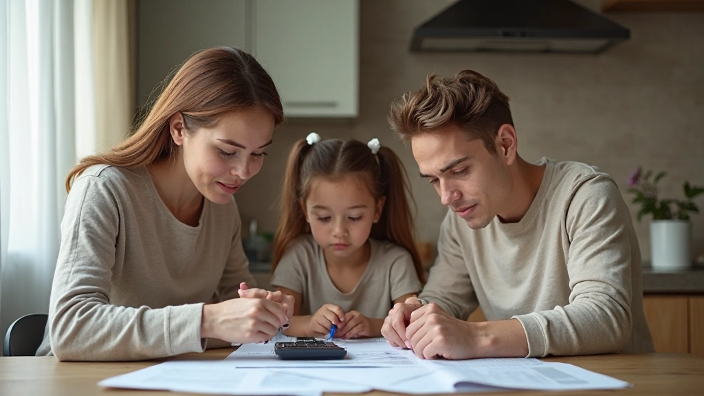 Профессиональное фото семьи, планирующей годовой бюджет за кухонным столом с документами и калькулятором