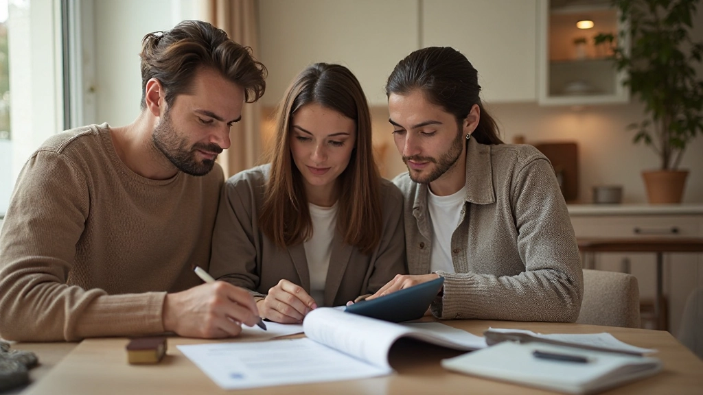 Семья планирует финансовое будущее с документами и калькулятором на столе