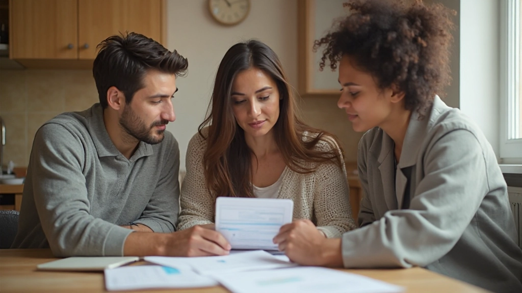 Профессиональная фотография семьи, работающей с финансовыми документами и бюджетом за столом