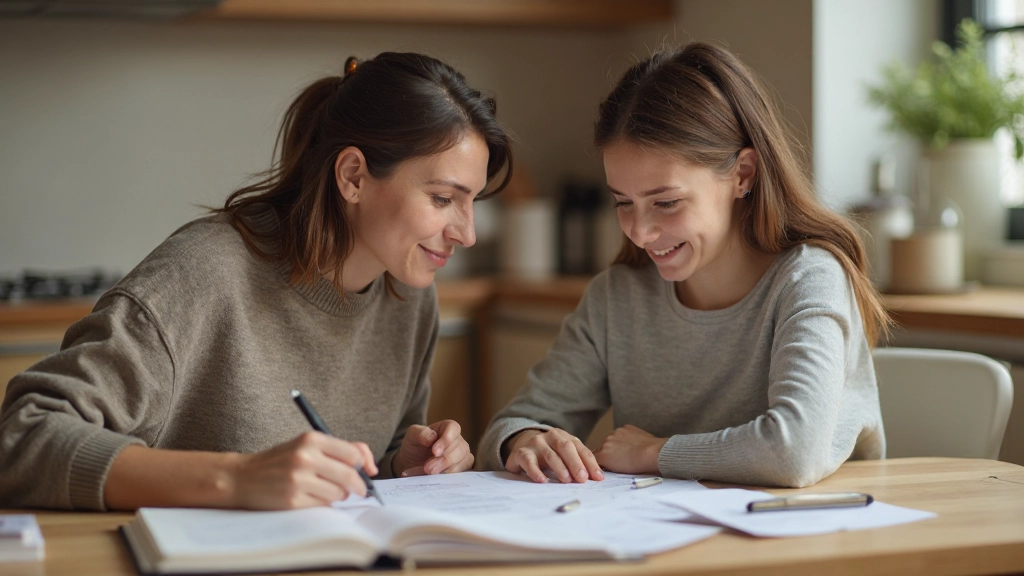 Семья разрабатывает финансовый план с помощью ноутбука и блокнота