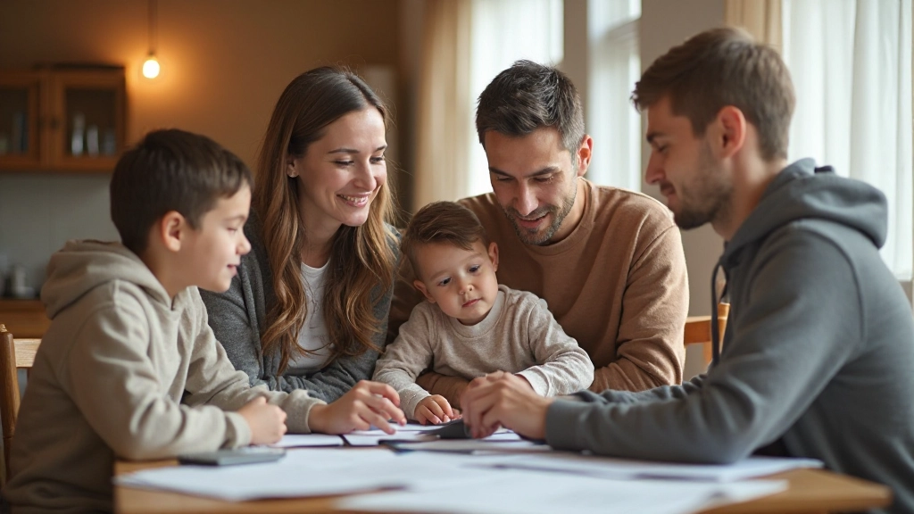 Семья планирует бюджет за столом с финансовыми документами и калькулятором