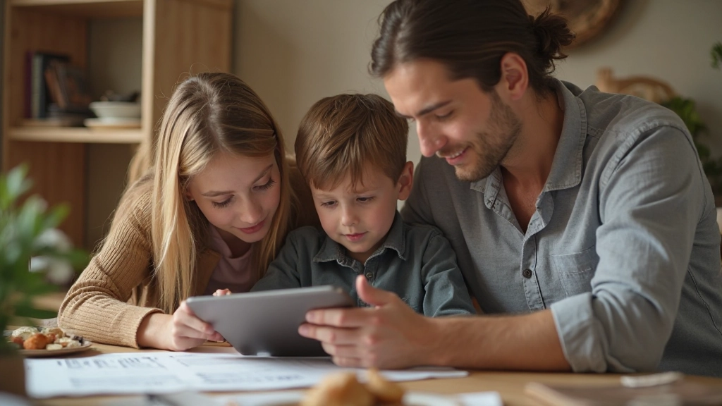Семья обсуждает семейный бюджет за столом с использованием приложения на планшете