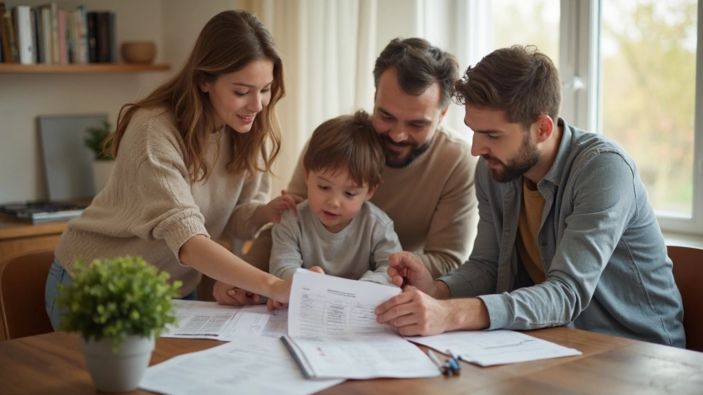 Семья обсуждает домашний бюджет за столом с финансовыми документами и калькулятором