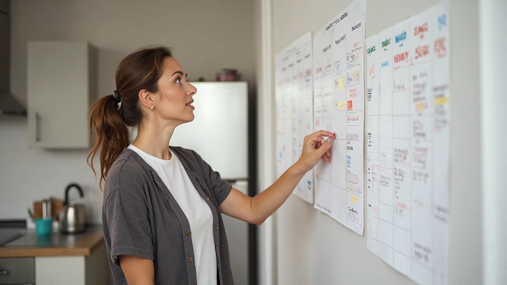 Семейный календарь с отмеченными сезонными расходами и годовыми платежами, висящий на холодильнике в кухне