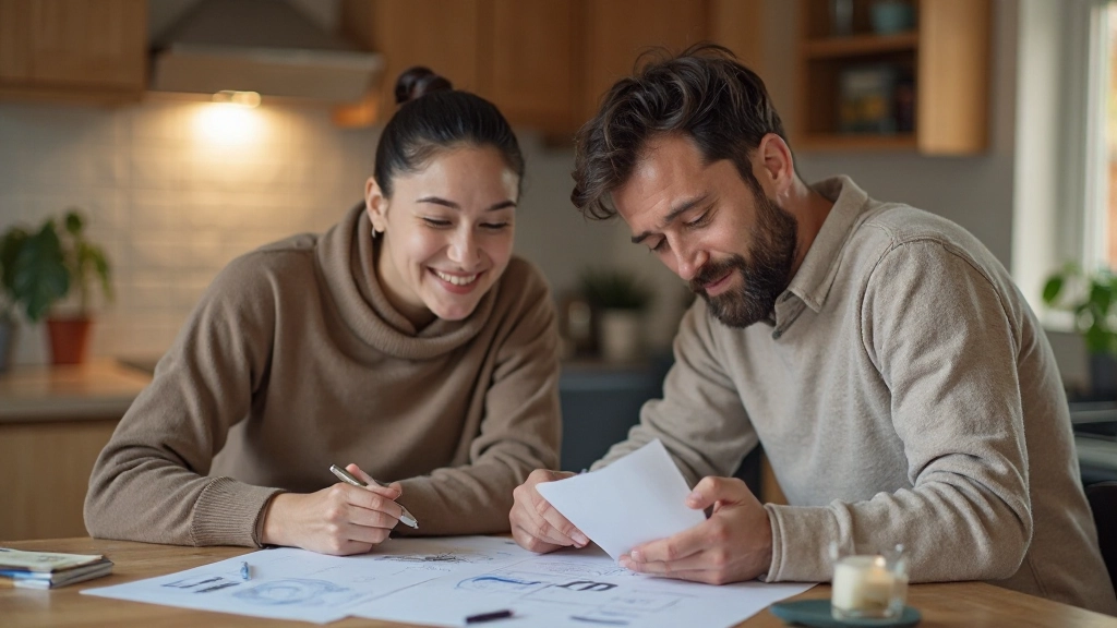 Семья вместе планирует бюджет, обсуждая стратегии экономии за чашкой кофе