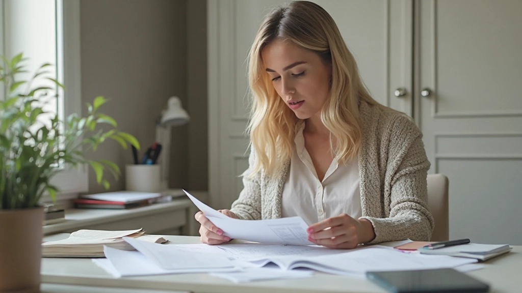 Женщина в домашней обстановке анализирует квитанции и банковские выписки, раскладывая их на столе для категоризации